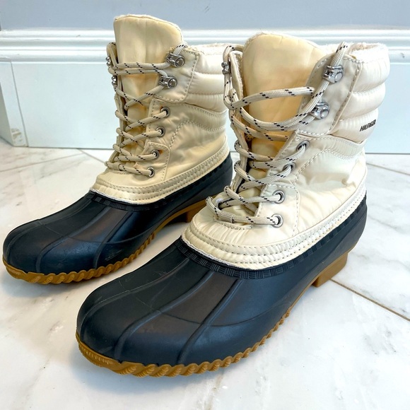 Tommy Hilfiger navy and cream faux fur lined waterproof duck boots size 9 EUC - Picture 1 of 8